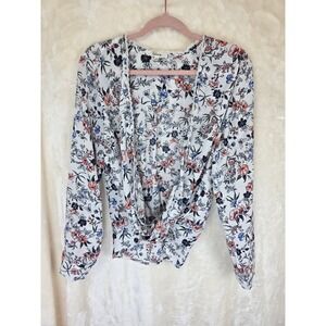 Takara Floral Surplice Wrap Blouse White Coral Blue Long Sleeve‎ Twist Front M